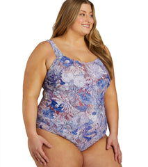 Sporti Plus Size Jungle Floral Moderate Printed Sweetheart One Piece Swimsuit