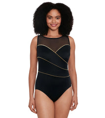 Longitude Women's Pipping The Wave Mesh High Neck Long Torso One Piece Swimsuit