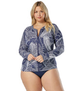 Beach House Women's Plus Size Paradise Palm Ava Long Sleeve Zip Front Rash Guard