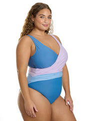 Sporti Plus Size Starlet Colorblock Tummy Control Wrap One Piece Swimsuit