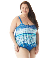 Beach House Women's Plus Size Under the Boardwalk Sarah Side Tie Blouson Tankini Top