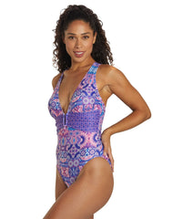 Dolfin Aquashape Women's Print Contemporary Deep V-Neck One Piece Swimsuit