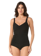 Gabar Women's Wave Ripple Texture Chlorine Resistant V Neck Shirred Girl Leg One Piece Swimsuit