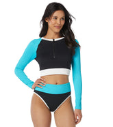 Beach House Women's Color Block Ribbed Nadi Top Long Sleeve Front Zip Swim Top