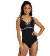 Sunmarin Women's Chlorine Proof V Neck Piped One Piece Swimsuit