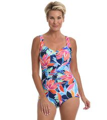 Maxine Women's Jungle Vines Shirred Front Girl Leg One Piece Swimsuit
