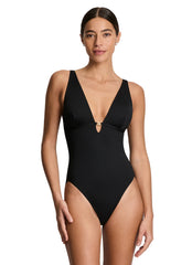 Lauren Ralph Lauren Women's Beach Club Solids Gold Hardware Logo Tall Triangle One Piece Swimsuit