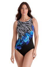Longitude Women's Long Torso Glamour Floral Panel Scoopback Highneck One Piece Swimsuit