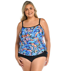 Maxine Women's Plus Size Feathers & Flair Faux Tankini Top One Piece