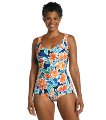 Maxine Women's Joyful Blooms Shirred Front Girl Leg One Piece Swimsuit