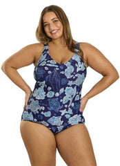 Sporti Plus Size Neptune's Reef Conservative Printed Girl Leg One Piece Swimsuit
