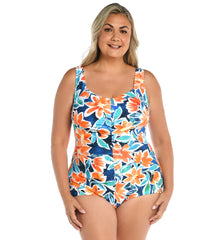 Maxine Women's Plus Size Joyful Blooms Shirred Front Girl Leg One Piece Swimsuit