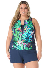 Beach House Women's Plus Size Tropic Paradise Racer Zip Front Tankini Top
