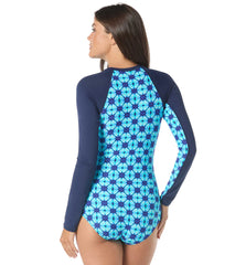 Beach House Women's Tropical Grid Sculpt Long Sleeve Zip Front One Piece Swimsuit