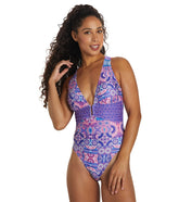 Dolfin Aquashape Women's Print Contemporary Deep V-Neck One Piece Swimsuit