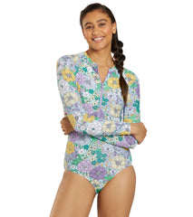 Sporti Active Bondi Floral Zip Front Long Sleeve One Piece Swimsuit