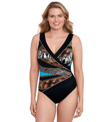 Longitude Women's Bengal Piped Side Shirred Surplice Long Torso One Piece Swimsuit