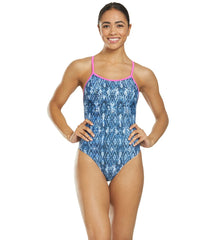 Sporti Polyester Ikat Denim Thin Strap One Piece Swimsuit