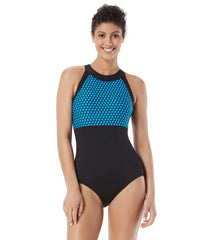 Gabar Women's Mastectomy Chlorine Resistant Honeycomb Dot High Neck One Piece Swimsuit