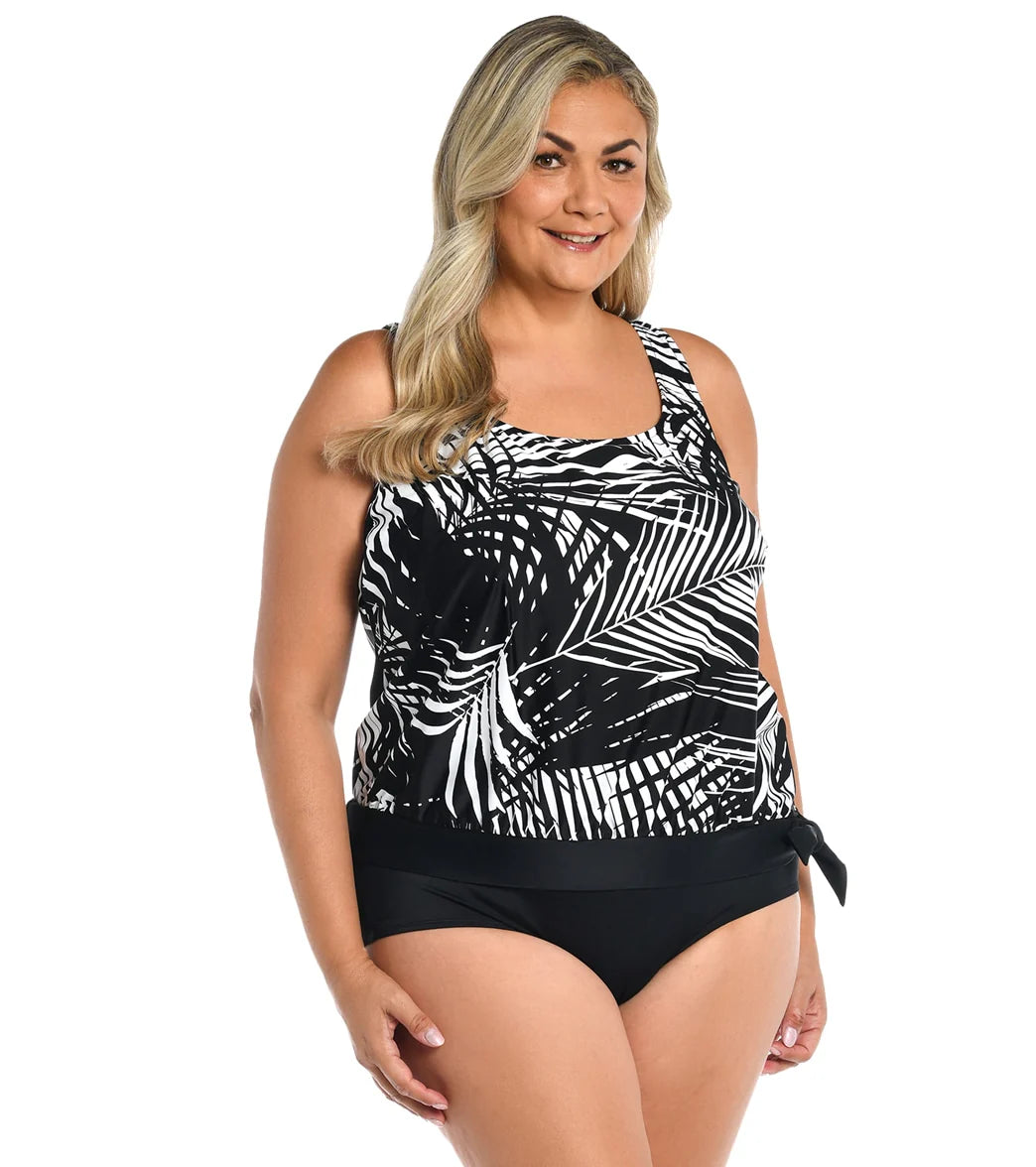 Maxine Women's Plus Size Shadow Palms Banded Scoop Blouson Tankini Top