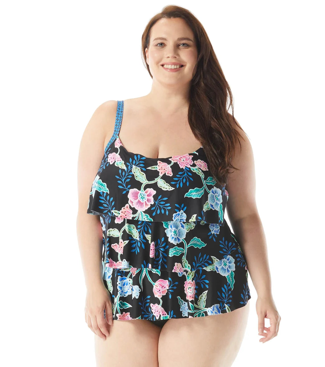 Beach House Women's Plus Size Floral Fantasy Jane Ruffle Tankini  Top