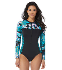 Beach House Women's Delray Botanical Sculpt Long Sleeve Zip Front One Piece Swimsuit