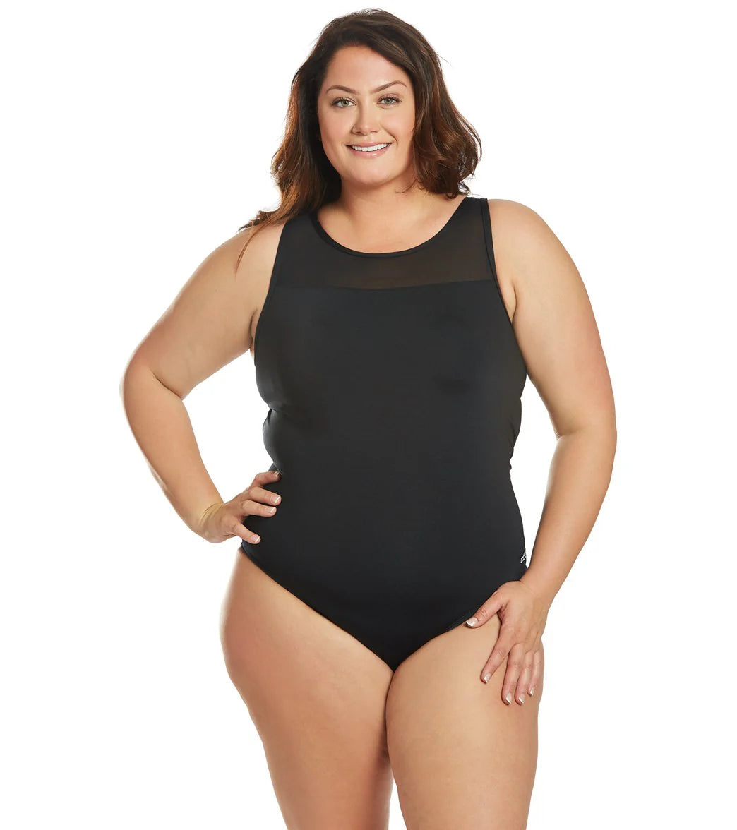 Dolfin Women's Plus Size Aquashape Solid Power Mesh Chlorine Resistant One Piece Swimsuit