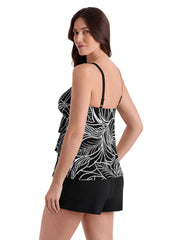 Longitude Women's Long Torso Night Fern Faux Ruffle Shortini One Piece Swimsuit