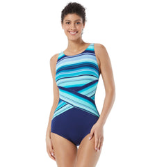 Gabar Women's Mastectomy Chlorine Resistant Atlantic Stripe High Neck One Piece Swimsuit (C/D Cup)
