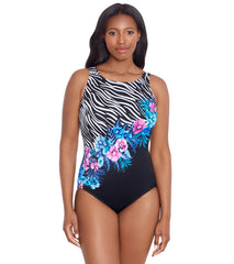 Longitude Women's Glamour Floral Panel Scoopeback High Neck One Piece Swimsuit