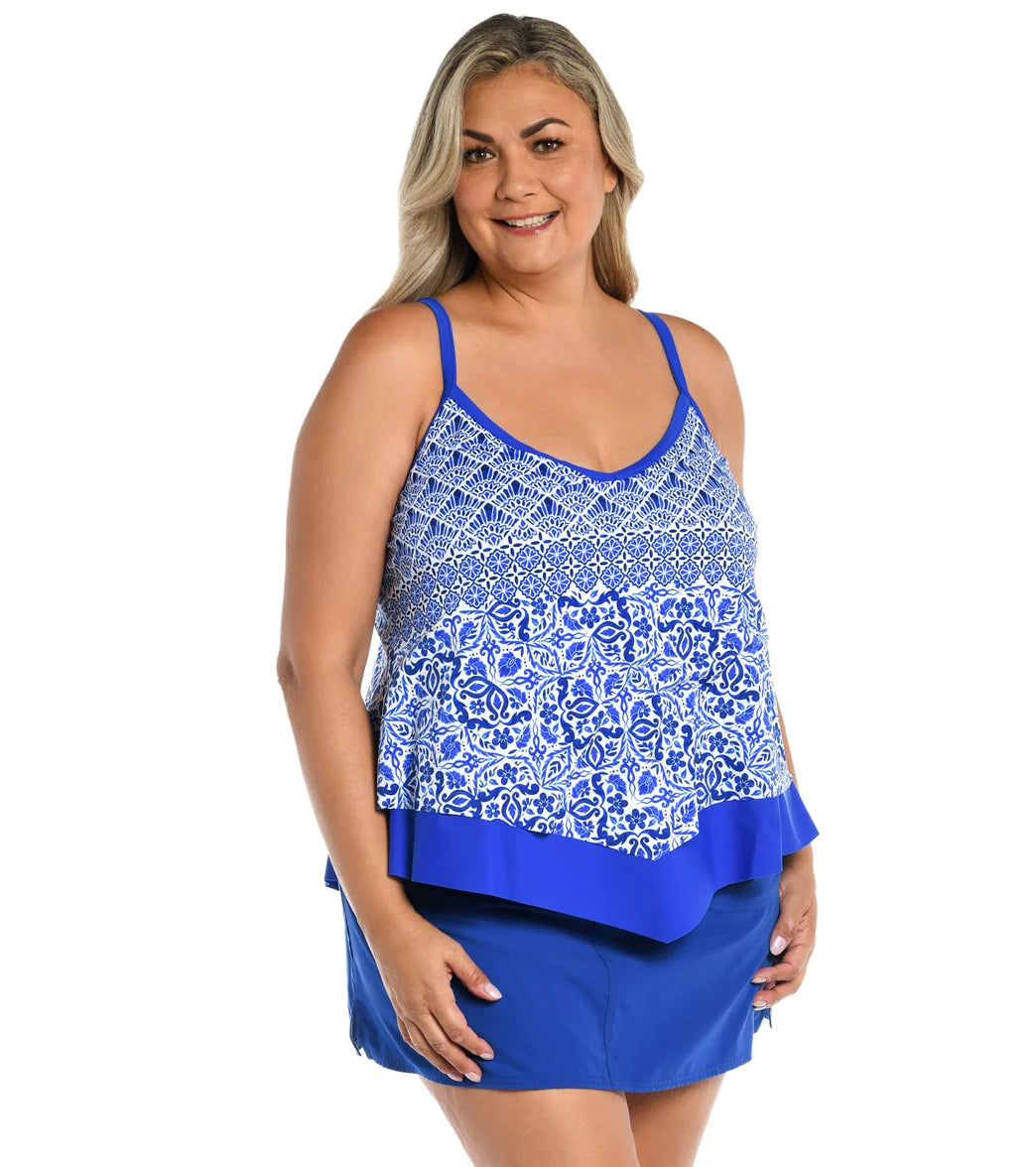 Maxine Women's Plus Size Greican Tile Flutter Tankini Top