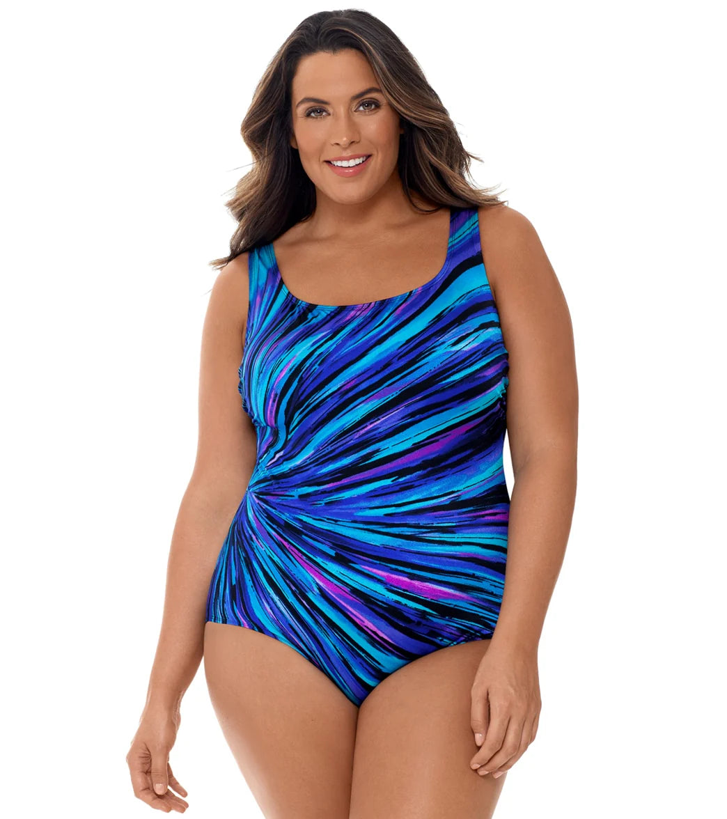 Longitude Plus Size Meridian Panel Scoopneck Tank One Piece Swimsuit