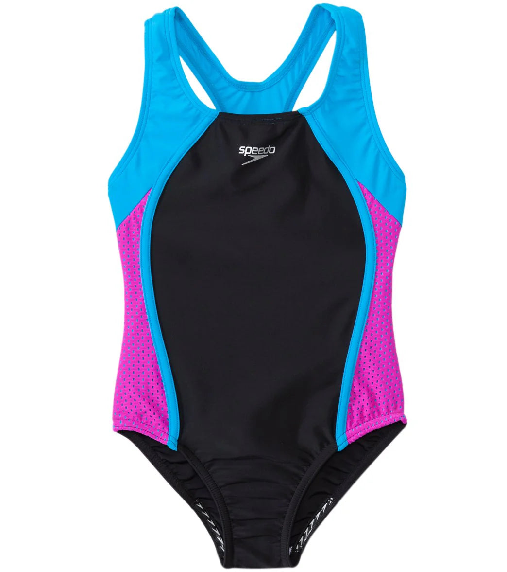 Speedo Girls' Mesh Splice Thick Strap One Piece Swimsuit (Big Kid)