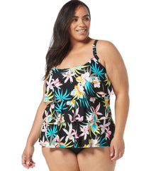 Beach House Women's Plus Size Tropic Bloom Floral Jane Ruffle Tankini Top