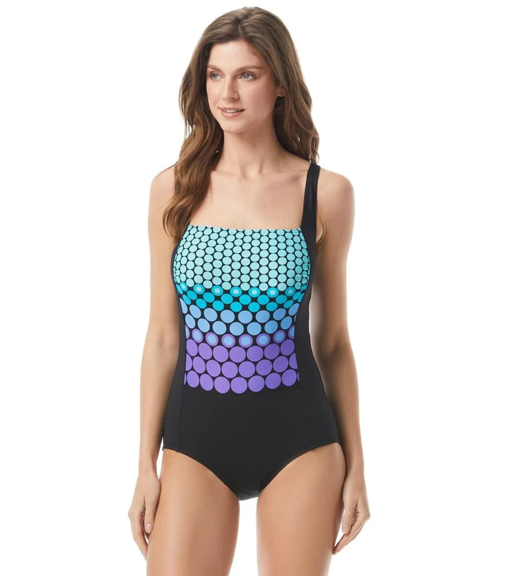 Gabar Chlorine Resistant Diving Dots Square Neck Sarong One Piece Swimsuit (C/D Cup)