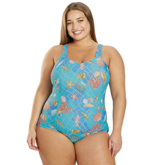 Sporti Plus Size Caribbean Sea Moderate Printed Sweetheart One Piece Swimsuit