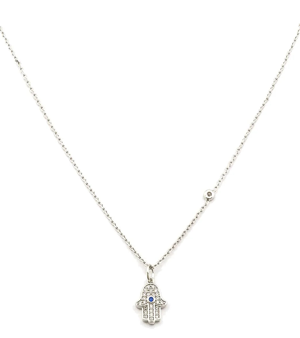 TAI Jewelry Simple Chain Necklace with CZ Hamsa Charm and CZ accent