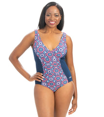 Dolfin Women's Aquashape Mosaic V-neck Front Panel Chlorine Resiatant One Piece Swimsuit
