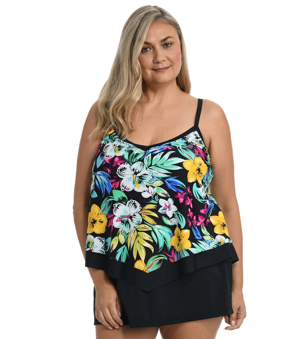 Maxine Women's Plus Size Island Mist Flutter Tankini Top