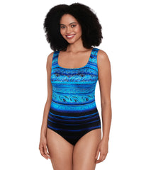 Longitude Women's Coastal Living Cross Back Tank Long Torso One Piece Swimsuit