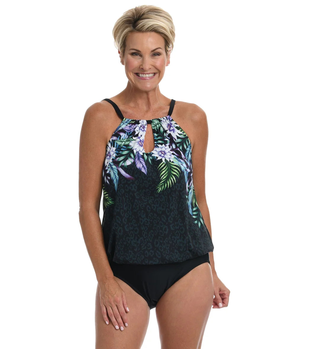 Maxine Women's Fiji Floral High Neck Keyhole Blouson Mio One Piece Swimsuit