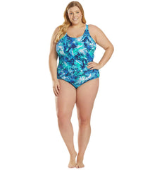 Sporti Plus Size HydroLast Aquarelle Palm Chlorine Resistant Conservative Scoop Back One Piece Swimsuit