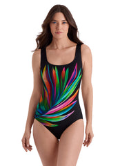 Longitude Women's Long Torso Palm Dancer Panel Scoopneck Tank One Piece Swimsuit