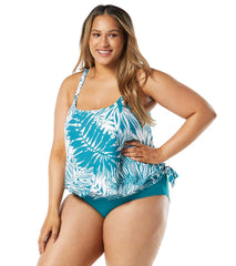 Beach House Women's Plus Size Abstract Palm Sarah Side Tie Blouson Tankini Top
