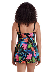 Longitude Women's Long Torso Mighnight Plumeria Empire Princess Seam Swim Dress