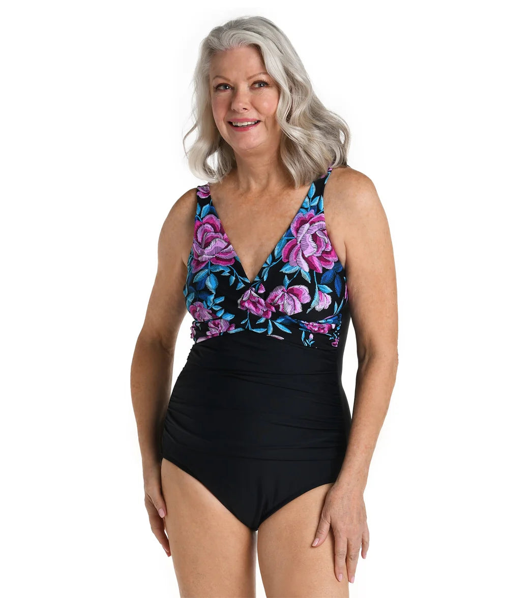 Maxine Women's Midnight Orchid Wrap Front One Piece Swimsuit