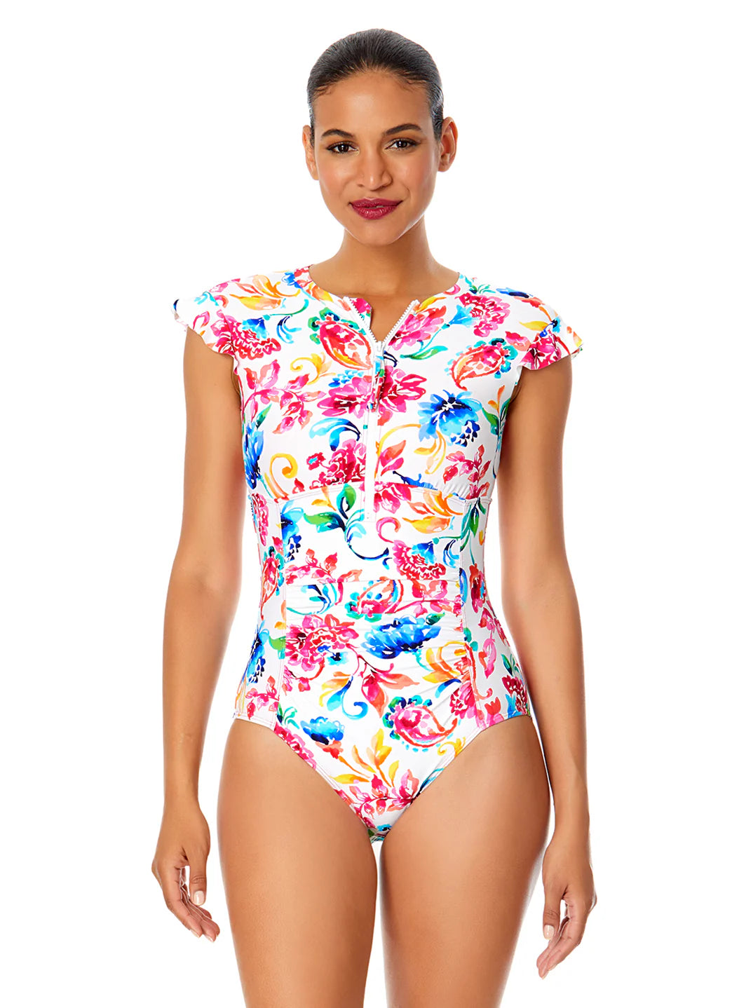 Anne Cole Women's Watercolor Paisley Flutter Sleeve Zip Front One Piece Swimsuit