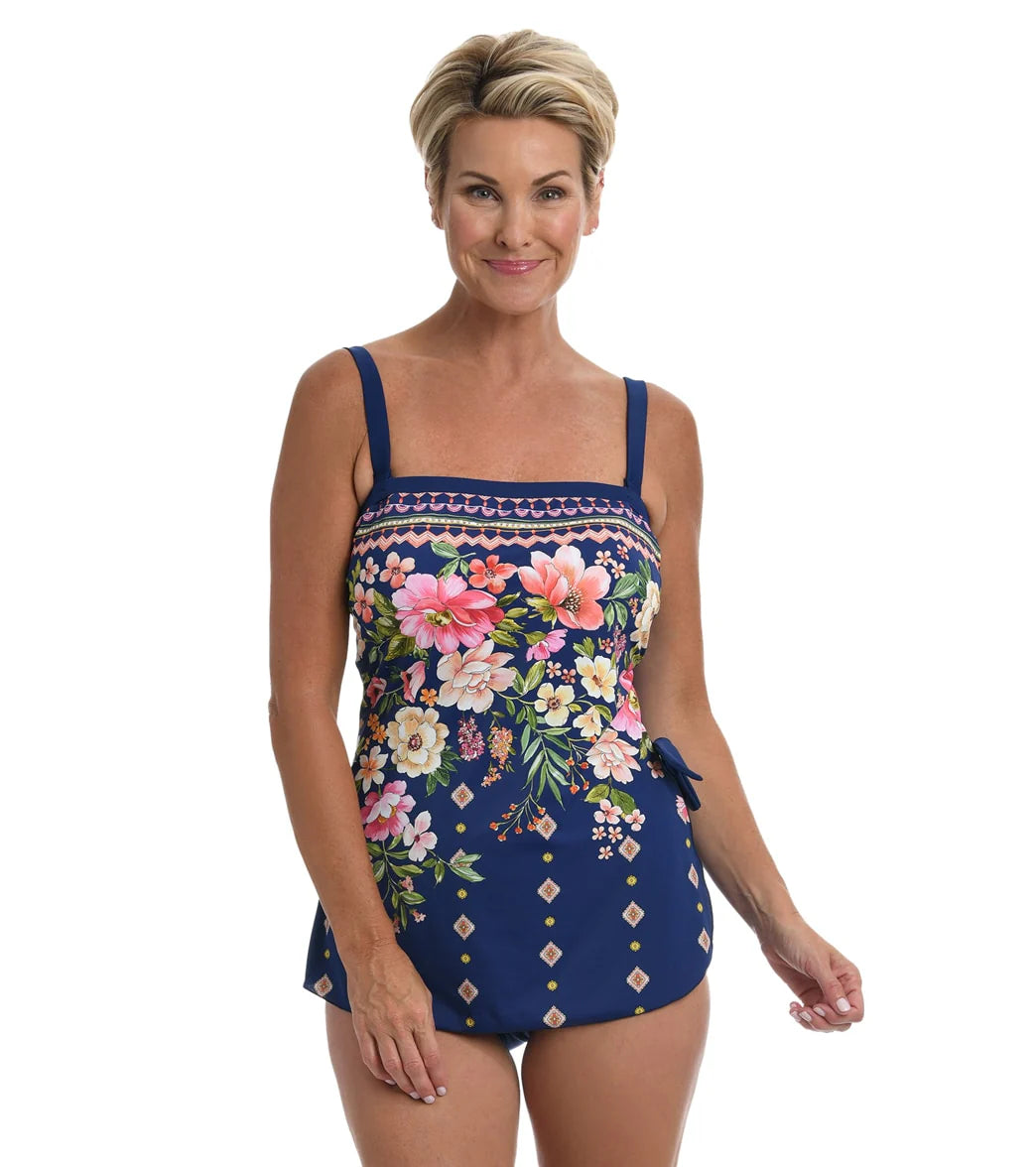 Maxine Women's Border Blooms Bandeau Sarong One Piece Swimsuit