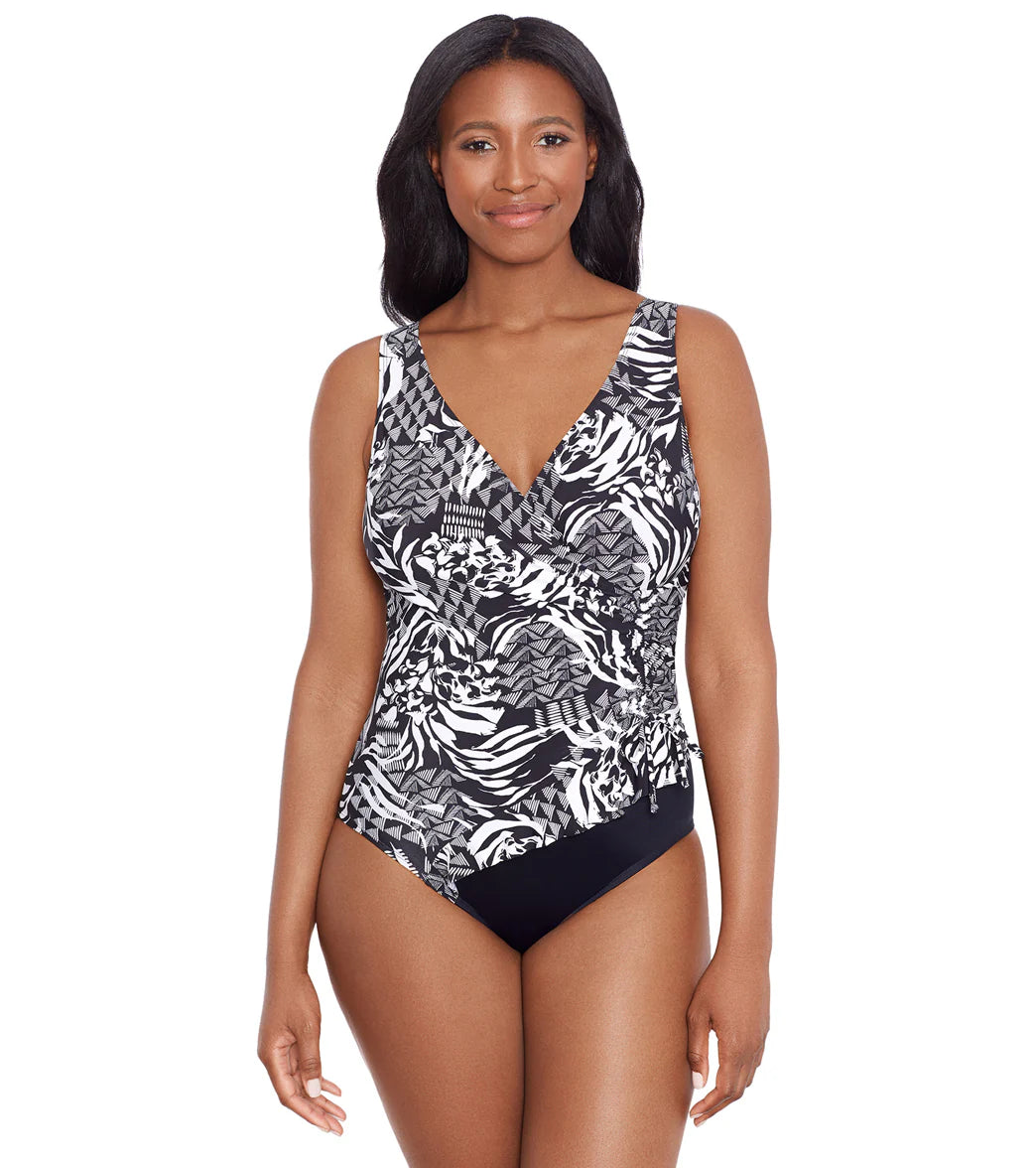 Longitude Women's Azteca Ruffle Surplice Long Torso One Piece Swimsuit