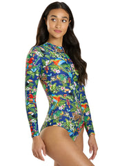 Sporti Active Tropical Oasis Zip Front Long Sleeve One Piece Swimsuit